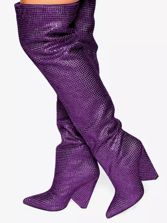 Bottes roses au-dessus du genou avec strass bout pointu talon compensé cuissardes chaussures de fête
