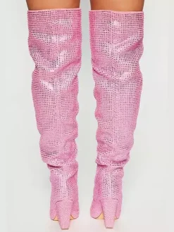 Bottes roses au-dessus du genou avec strass bout pointu talon compensé cuissardes chaussures de fête