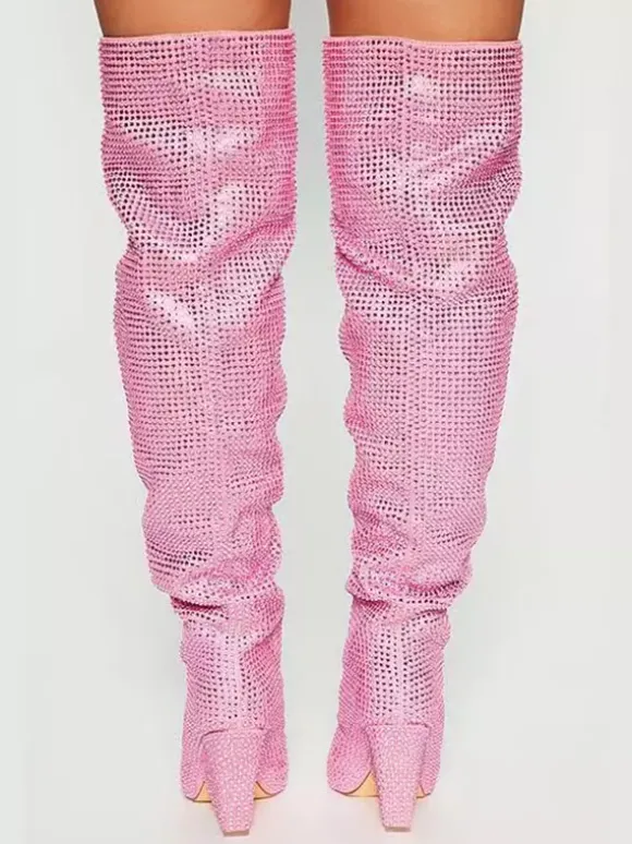 Bottes roses au-dessus du genou avec strass bout pointu talon compensé cuissardes chaussures de fête