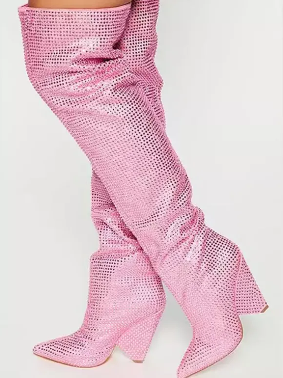 Bottes roses au-dessus du genou avec strass bout pointu talon compensé cuissardes chaussures de fête