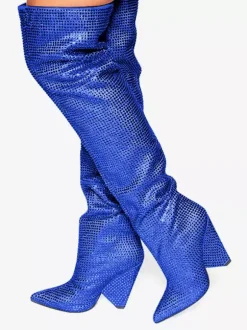Bottes roses au-dessus du genou avec strass bout pointu talon compensé cuissardes chaussures de fête