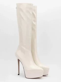 Bottes sexy argentées à plateforme bout pointu talon aiguille bottes mi-mollet pour femmes