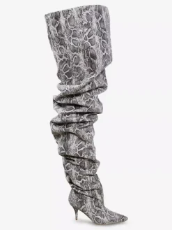 Bottes sexy en peau de serpent à mollet large à talons hauts bout pointu et souples montantes jusqu'au genou