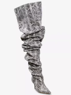 Bottes sexy en peau de serpent à mollet large à talons hauts bout pointu et souples montantes jusqu'au genou