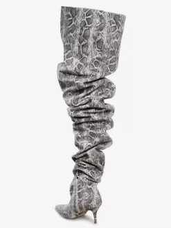 Bottes sexy en peau de serpent à mollet large à talons hauts bout pointu et souples montantes jusqu'au genou