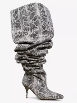 Bottes sexy en peau de serpent à mollet large à talons hauts bout pointu et souples montantes jusqu'au genou