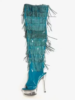 Bottes sexy pour femmes plateforme bout ouvert fermeture éclair talon aiguille bottes hautes pour club de rave avec strass et pompons