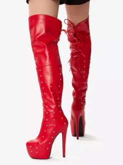 Bottes sexy pour femmes à plateforme bout ouvert talons hauts perlés bottes au-dessus du genou