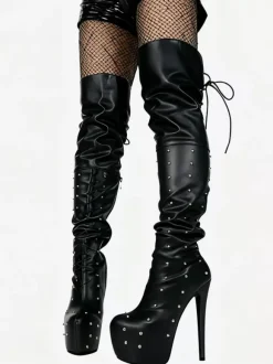 Bottes sexy pour femmes à plateforme bout ouvert talons hauts perlés bottes au-dessus du genou