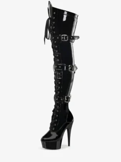 Bottes sexy à talons hauts bout rond boucle à lacets talon aiguille Rave Club cuissardes noires sur les bottes au genou