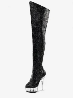 Bottes sexy à talons hauts bout rond fermeture éclair paillettes à pois talon aiguille Rave Club cuissardes cuissardes noires