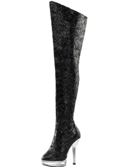 Bottes sexy à talons hauts bout rond fermeture éclair paillettes à pois talon aiguille Rave Club cuissardes argent sur les bottes au genou