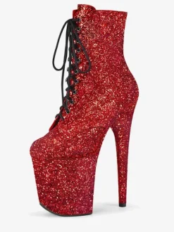 Bottes sexy à talons hauts Rose rouge bout rond fermeture éclair paillettes géométrique talon aiguille Rave Club cuissardes
