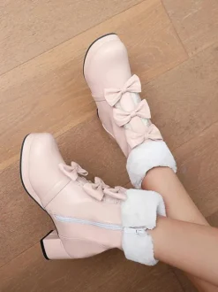 Bottes Sweet Lolita Bout Rond N艙uds Noirs Talon Chunky Bottes Lolita