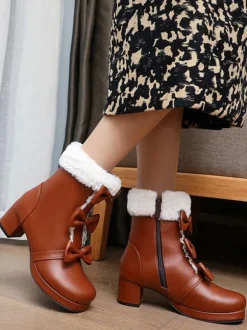Bottes Sweet Lolita Bout Rond N艙uds Noirs Talon Chunky Bottes Lolita