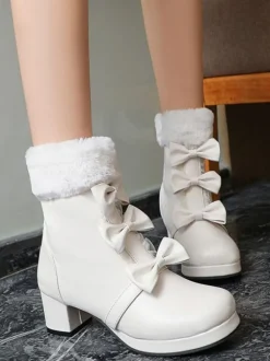 Bottes Sweet Lolita Bout Rond N艙uds Noirs Talon Chunky Bottes Lolita