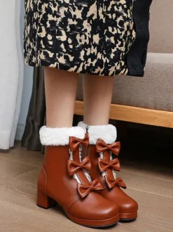 Bottes Sweet Lolita Bout Rond N艙uds Noirs Talon Chunky Bottes Lolita