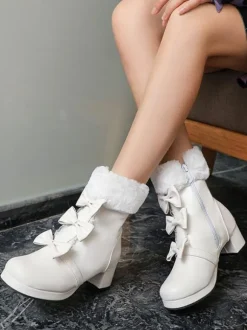 Bottes Sweet Lolita Bout Rond N艙uds Noirs Talon Chunky Bottes Lolita