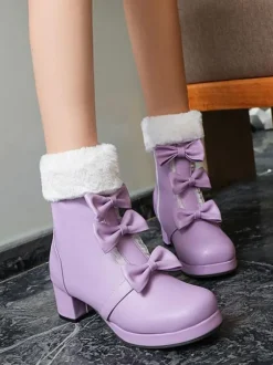 Bottes Sweet Lolita Bout Rond N艙uds Noirs Talon Chunky Bottes Lolita
