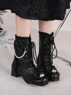 Bottes Sweet Lolita Cuir PU Volants Perles Bout Rond Chaussures Lolita Noires