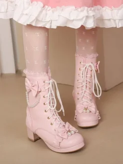 Bottes Sweet Lolita Cuir PU Volants Perles Bout Rond Chaussures Lolita Noires