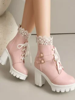 Bottes Sweet Lolita en cuir PU avec n艙uds et bout rond chaussures Lolita roses