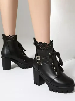 Bottes Sweet Lolita en cuir PU avec n艙uds et bout rond chaussures Lolita roses