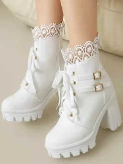 Bottes Sweet Lolita en cuir PU avec n艙uds et bout rond chaussures Lolita roses