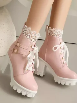 Bottes Sweet Lolita en cuir PU avec n艙uds et bout rond chaussures Lolita roses