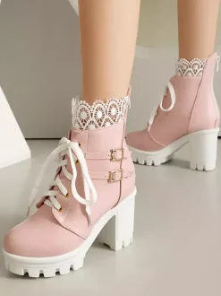 Bottes Sweet Lolita en cuir PU avec n艙uds et bout rond chaussures Lolita roses