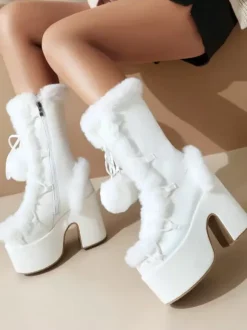 Bottes Sweet Lolita en daim avec n艙uds et bout rond chaussures Lolita blanches