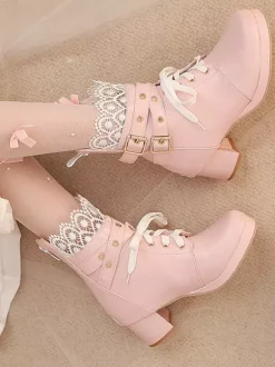 Bottes Sweet Lolita noires à n艙uds bout rond chaussures Lolita en cuir PU