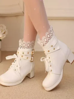 Bottes Sweet Lolita noires à n艙uds bout rond chaussures Lolita en cuir PU