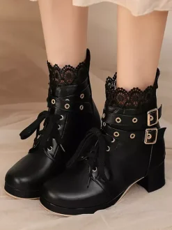 Bottes Sweet Lolita noires à n艙uds bout rond chaussures Lolita en cuir PU