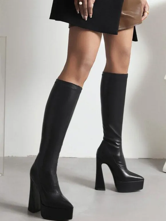 Bottes à Talons Hauts avec Bout Rond en Cuir Synthétique Unicolore