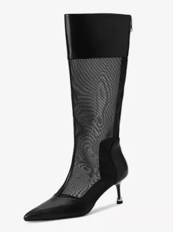 Bottes à talons hauts en maille patchwork à bout pointu jusqu'aux genoux