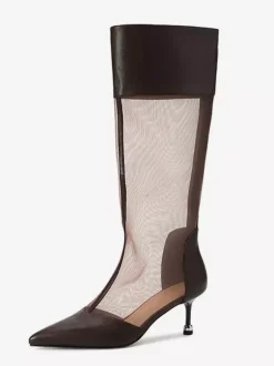 Bottes à talons hauts en maille patchwork à bout pointu jusqu'aux genoux