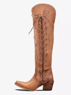 Bottes western au-dessus du genou pour femmes bottes hautes à lacets brodées marron café à bout pointu