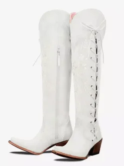 Bottes western au-dessus du genou pour femmes bottes hautes à lacets brodées marron café à bout pointu