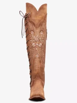 Bottes western au-dessus du genou pour femmes bottes hautes à lacets brodées marron café à bout pointu