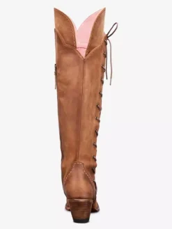 Bottes western au-dessus du genou pour femmes bottes hautes à lacets brodées marron café à bout pointu
