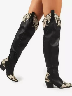 Bottes western noires à bout pointu et talon épais motif serpent cuissardes