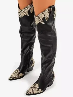 Bottes western noires à bout pointu et talon épais motif serpent cuissardes