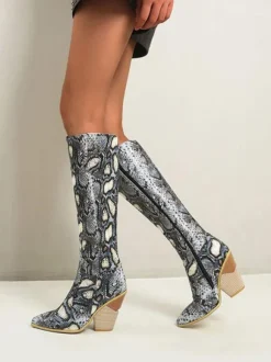 Bottes western pour femmes Bottes au genou en peau de serpent Talon bloc Bottes de cow-girl roses