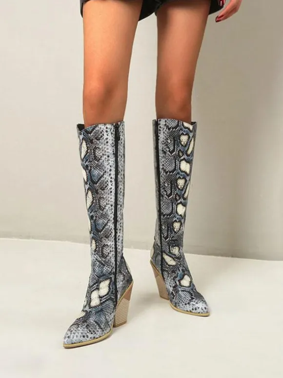 Bottes western pour femmes Bottes au genou en peau de serpent Talon bloc Bottes de cow-girl roses