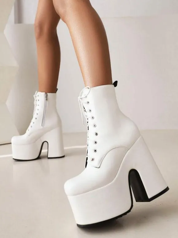Bottines à lacets pour femmes bottines à bout rond et talon épais