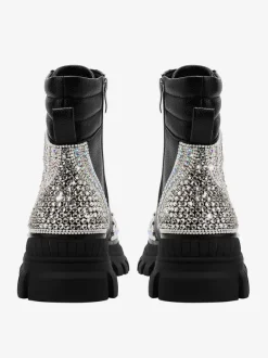 Bottines à strass noires pour femmes Bottines en cuir PU à bout rond et talon épais