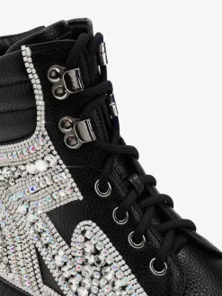Bottines à strass noires pour femmes Bottines en cuir PU à bout rond et talon épais