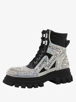 Bottines à strass noires pour femmes Bottines en cuir PU à bout rond et talon épais
