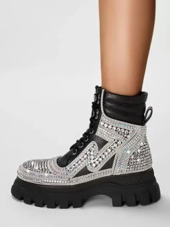 Bottines à strass noires pour femmes Bottines en cuir PU à bout rond et talon épais